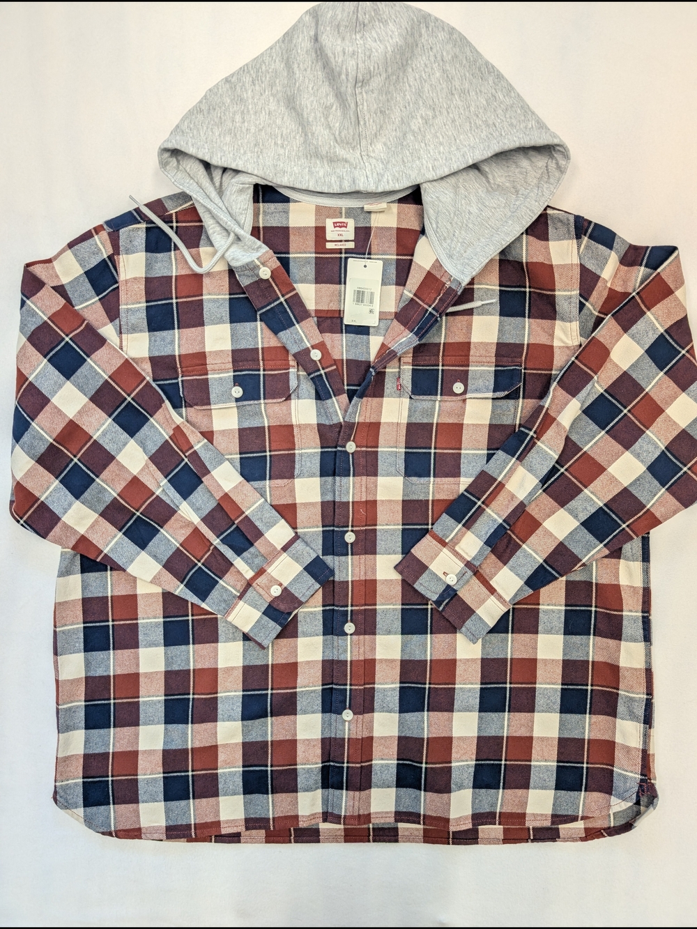 Levi's Men's Red, Navy & Cream Plaid Hooded Button-Down Shirt